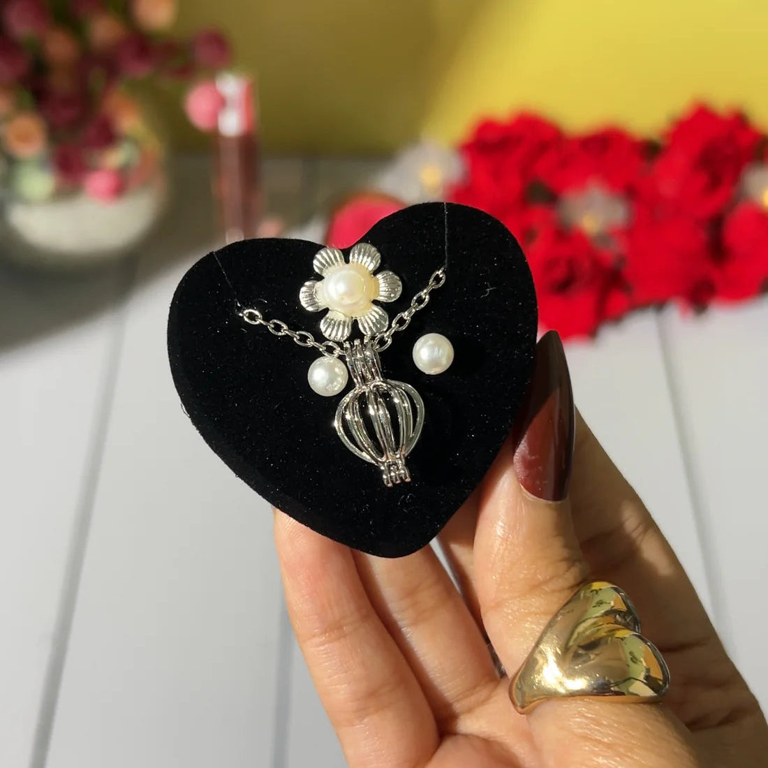 Real Oyster Pearls Set (Earrings + Ring + Chain)