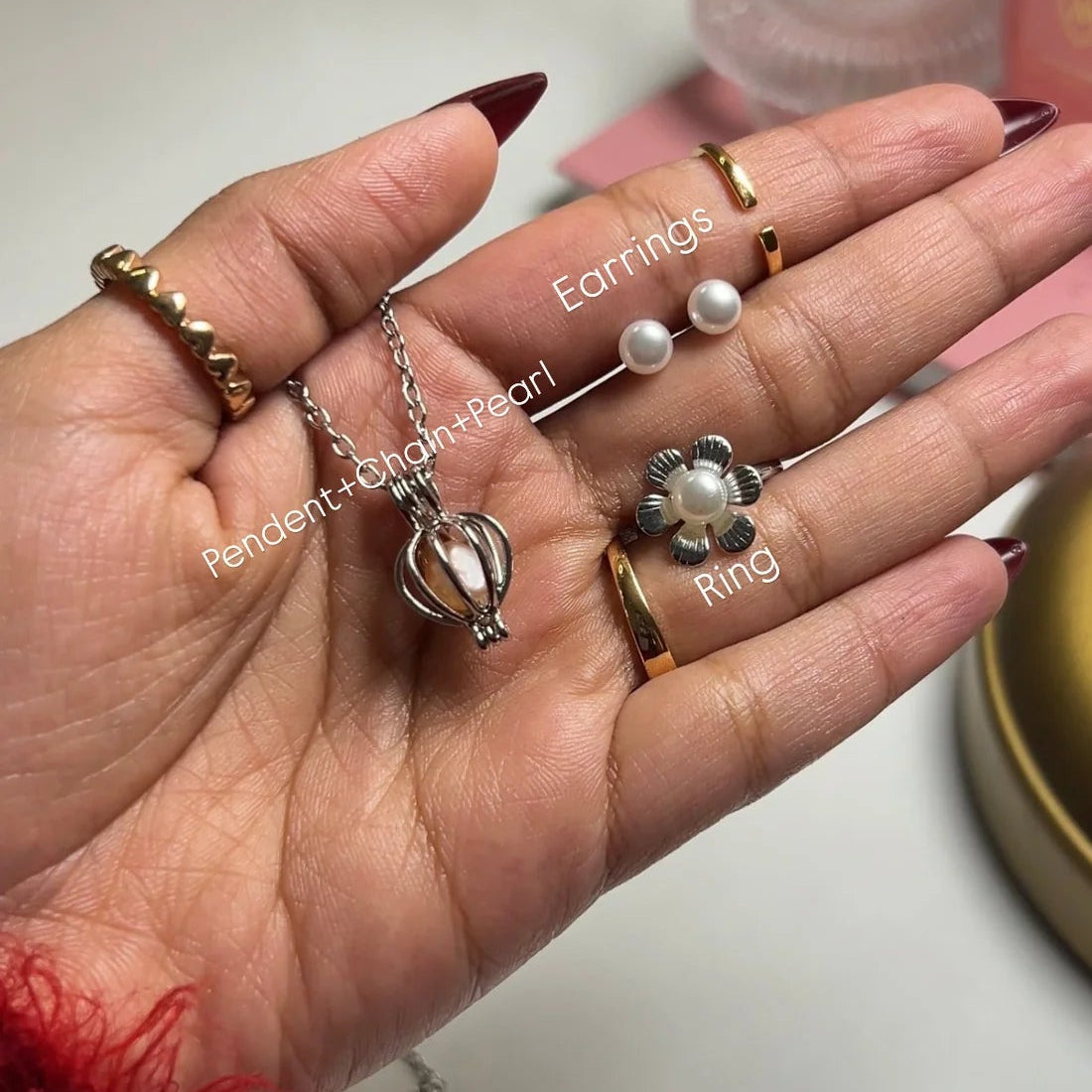 Real Oyster Pearls Set (Earrings + Ring + Chain)