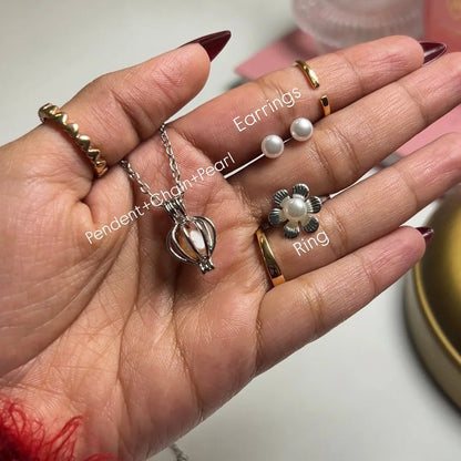 Real Oyster Pearls Set (Earrings + Ring + Chain)