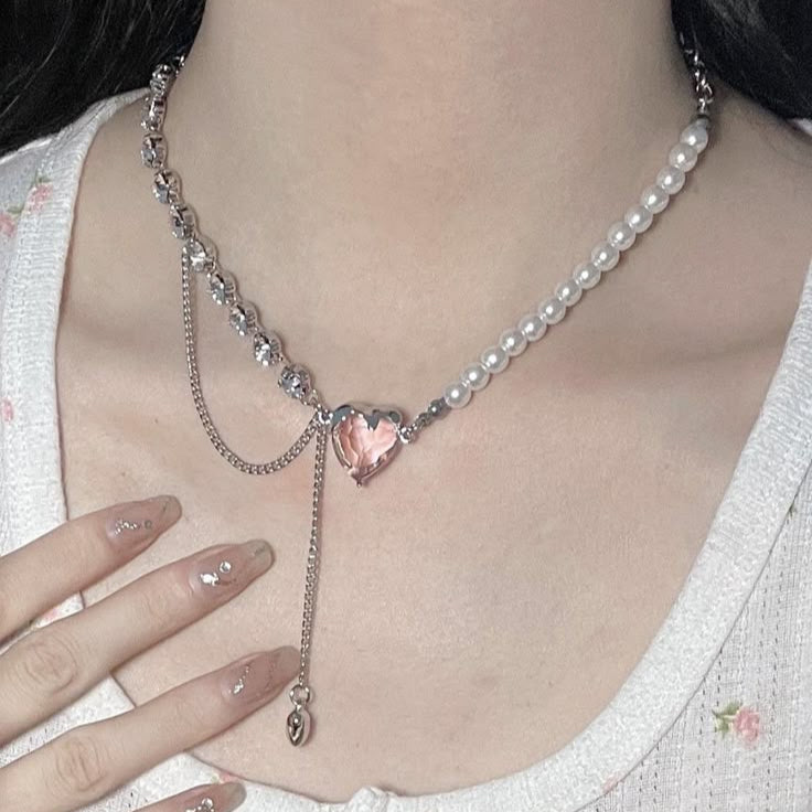 Korean Pink Heart Pearl Chain Necklace