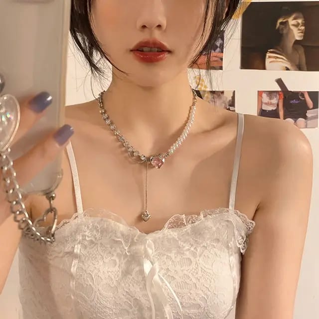 Korean Pink Heart Pearl Chain Necklace