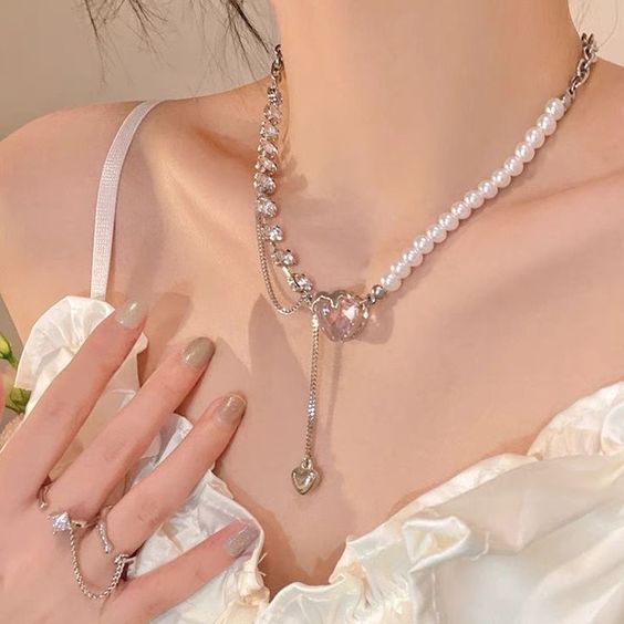 Korean Pink Heart Pearl Chain Necklace