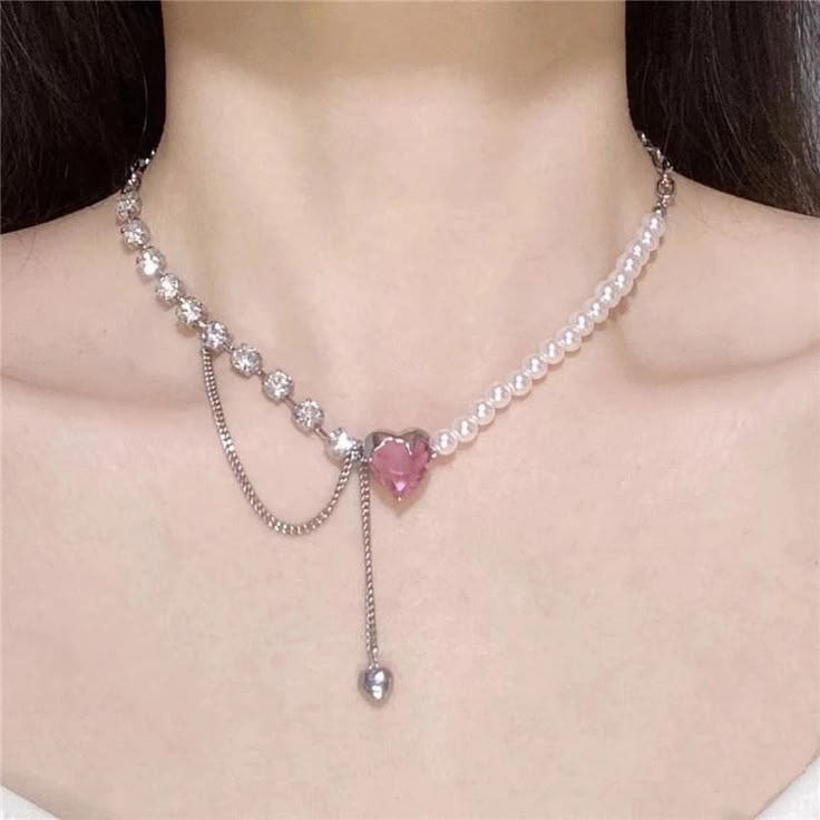 Korean Pink Heart Pearl Chain Necklace