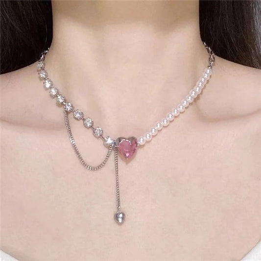 Korean Pink Heart Pearl Chain Necklace