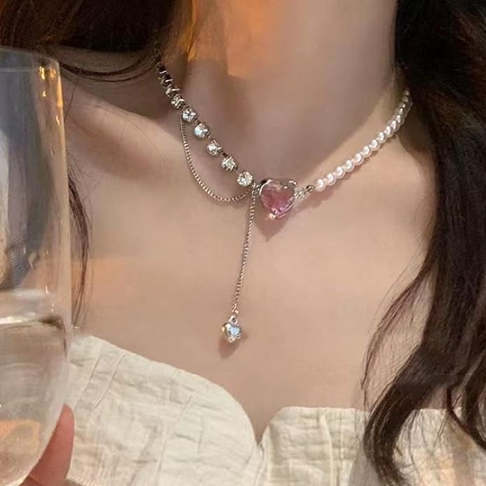 Korean Pink Heart Pearl Chain Necklace